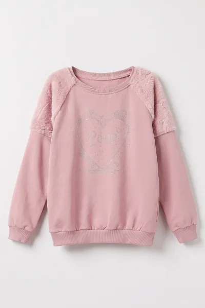 Pudra (5-13 Yaş) Love Taş Baskılı  Peluşlu İçi Hafif  Şardonlu Kız Çocuk Sweatshirt 489280