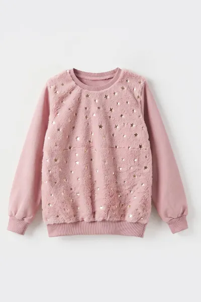 Pudra (5-13 Yaş) Önü Yıldızlı  Peluşlu İçi Hafif   Şardonlu Kız Çocuk Sweatshirt 489285