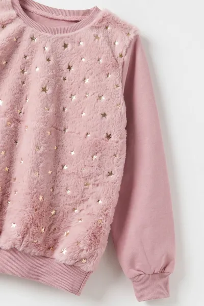 Pudra (5-13 Yaş) Önü Yıldızlı  Peluşlu İçi Hafif   Şardonlu Kız Çocuk Sweatshirt 489285