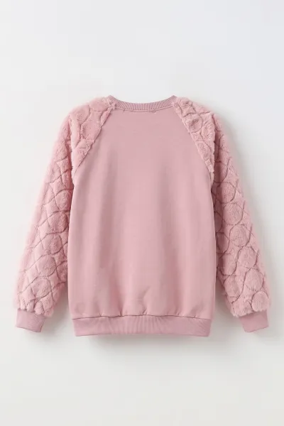 Pudra (5-13 Yaş) Yıldız Baskılı Kolları Peluşlu İçi  Hafif Pamuklu Kız Çocuk Sweatshirt 489289