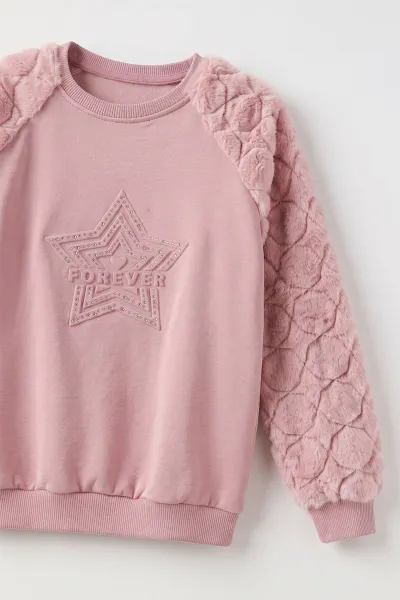 Pudra (5-13 Yaş) Yıldız Baskılı Kolları Peluşlu İçi  Hafif Pamuklu Kız Çocuk Sweatshirt 489289