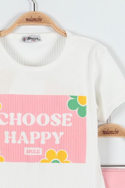 Pudra (5-8 Yaş) Choose Happy Baskılı Şortlu Fitilli Kız Çocuk Takım 184831