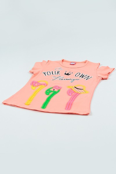 Pudra (5-8 yaş) Flamingo Baskılı Kız Çocuk Tşört 105047