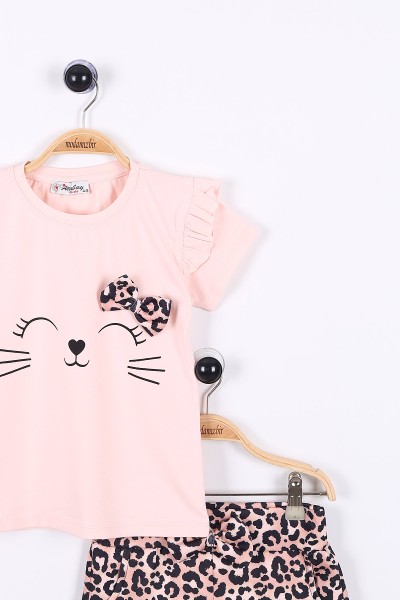 Pudra (5-8 Yaş) Kedi Baskılı Leopar Desenli Kız Çocuk Şortlu Takım 175001