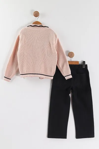 Pudra (5-9 Yaş) Kalpli Sweatli Triko Hırkalı   Kot Pantolonlu Kız Çocuk 3'lü Takım 443853