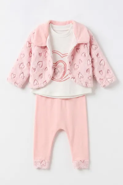 Pudra (6-12 Ay) Pelüş Ceketli Pantolon Sweatshirt 3'lü Kız Bebek Takım 495563