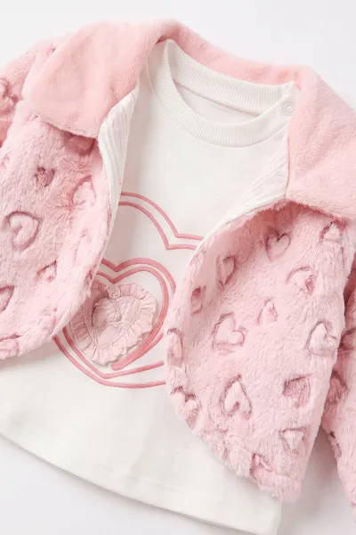 Pudra (6-12 Ay) Pelüş Ceketli Pantolon Sweatshirt 3'lü Kız Bebek Takım 495563