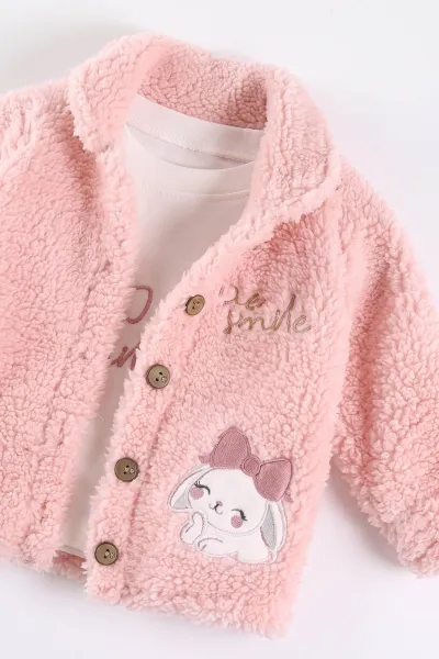 Pudra (6-18 Ay) Me Smile Nakışlı Wellsoft Kot Pantolonlu Kız Bebek 3'lü Takım 492402