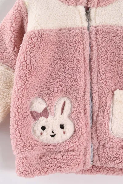 Pudra (6-18 Ay) Tavşan Nakışlı Kapüşonlu Peluş Kız Bebek Hırka 495890
