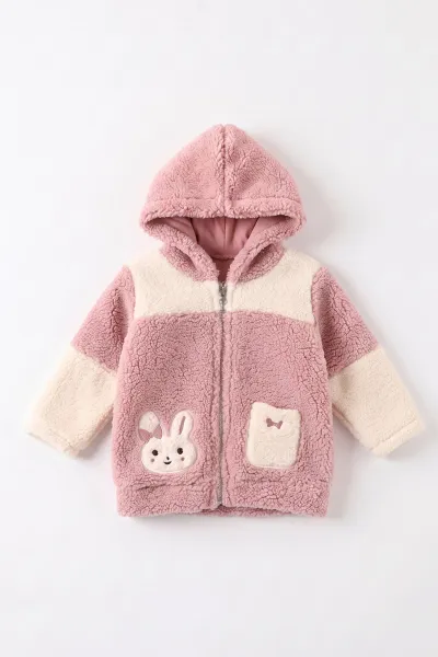 Pudra (6-18 Ay) Tavşan Nakışlı Kapüşonlu Peluş Kız Bebek Hırka 495890