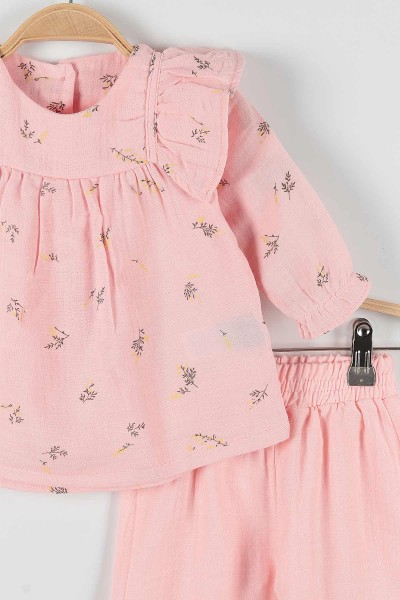 Pudra (6-24 Ay) Çiçek Baskılı Omuz Fırfırlı Paça Lastikli Kız Bebe Takım 170783