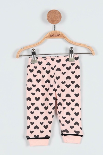 Pudra (6-24 Ay ) Kalp Baskılı Düğme Detaylı Kız Bebe Pijama Takım 186455