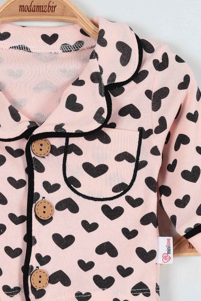 Pudra (6-24 Ay ) Kalp Baskılı Düğme Detaylı Kız Bebe Pijama Takım 186455