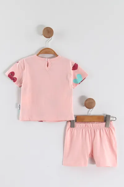 Pudra (6-24 Ay) Kalp Baskılı Tişört ve Şortlu Kız Bebek Yazlık Takım 467639