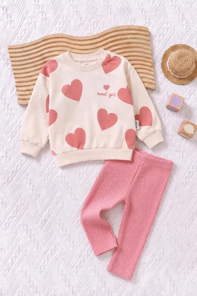 Pudra (6-24 Ay) Kalp Desenli Nakışlı Fitilli Taytlı Kız Bebek Takım 478672