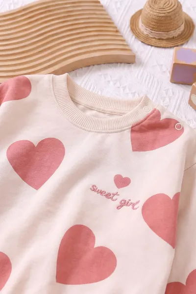 Pudra (6-24 Ay) Kalp Desenli Nakışlı Fitilli Taytlı Kız Bebek Takım 478672