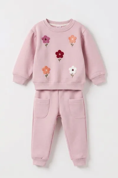 Pudra (6-24 Ay) Papatya Nakışlı   3 İp Şardonlu Kız Bebek Kışlık Takım 497251