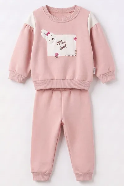 Pudra (6-24 Ay) Tavşan Nakışlı İçi Şardonlu Kız Bebek Takım 493316