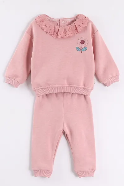 Pudra (6-24 Ay) Yakası Güpürlü Papatya Nakışlı çi Şardonlu Kız Bebek Kışlık Takım 497076
