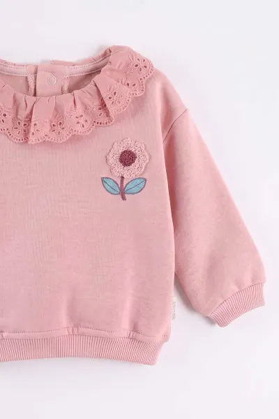Pudra (6-24 Ay) Yakası Güpürlü Papatya Nakışlı çi Şardonlu Kız Bebek Kışlık Takım 497076