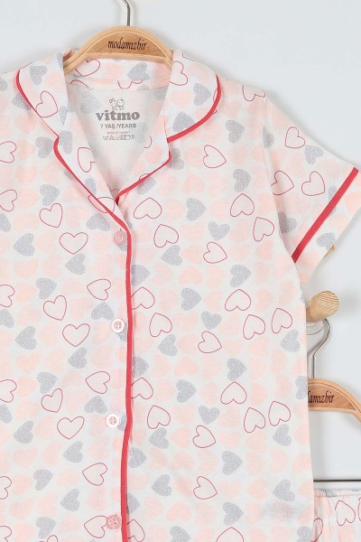 Pudra (7-9 Yaş) Kalp Baskılı KIz Çocuk Pijama Takımı 182027