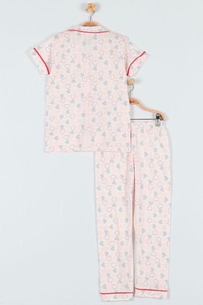 Pudra (7-9 Yaş) Kalp Baskılı KIz Çocuk Pijama Takımı 182027
