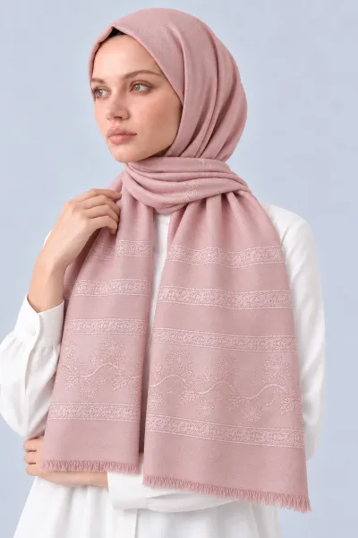 Pudra 70x180 Cm Floral Premium Jakarlı Pamuk Şal 494059