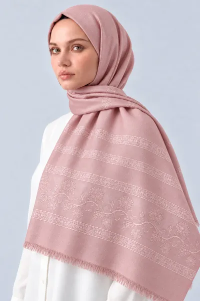 Pudra 70x180 Cm Floral Premium Jakarlı Pamuk Şal 494059