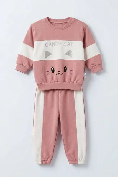 Pudra (9-24  Ay)  Kedi Baskılı   Lastikli Paça Penye  Kız Bebek Takım 480175