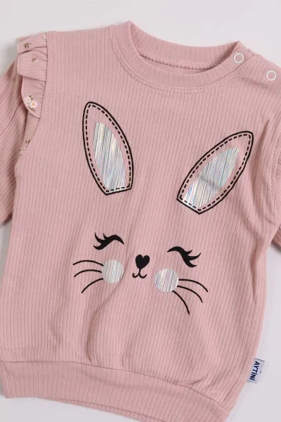 Pudra (9-24  Ay)  Kedi Baskılı Omuz Fırfırlı Lastikli Paça Fitilli Kumaş Kız Bebek Takım 480171