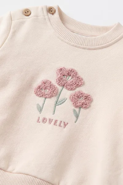 Pudra (9-24 Ay) Süzene Nakışlı Swetshirt İnterlok Alt Kız Bebek Takım 495699