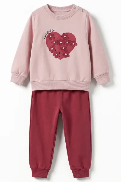 Pudra (9-36 Ay)  Kalp Nakışlı   Kız Bebek 2'li Takım 475920