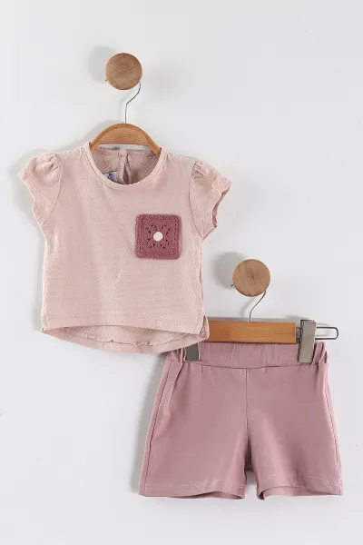 Pudra (9-36 Ay)  Nakışlı Tişörtlü   Şortlu Kız Bebek Yazlık Takım 445506