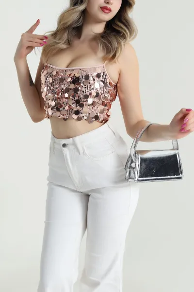 Pudra Askılı Pullu Kadın Bluz 483180