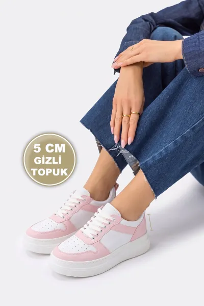 Pudra Beyaz Bağcıklı Gizli Topuklu Kadın Spor Ayakkabı 493450