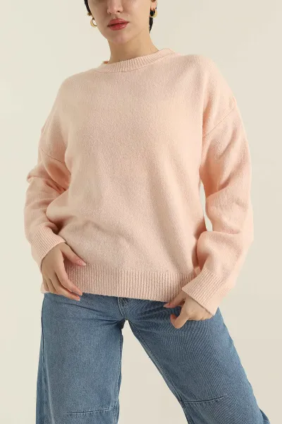 Pudra Bisiklet Yaka Oversize Kadın Triko Kazak 421237