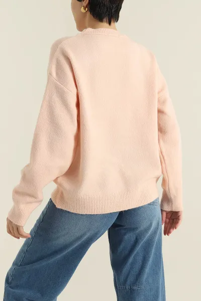 Pudra Bisiklet Yaka Oversize Kadın Triko Kazak 421237