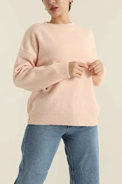 Pudra Bisiklet Yaka Oversize Kadın Triko Kazak 421237