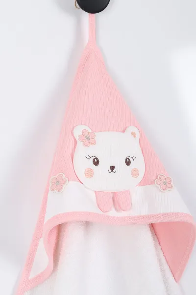 Pudra Çiçekli Kedi Nakışlı Bebe Havlu 302898