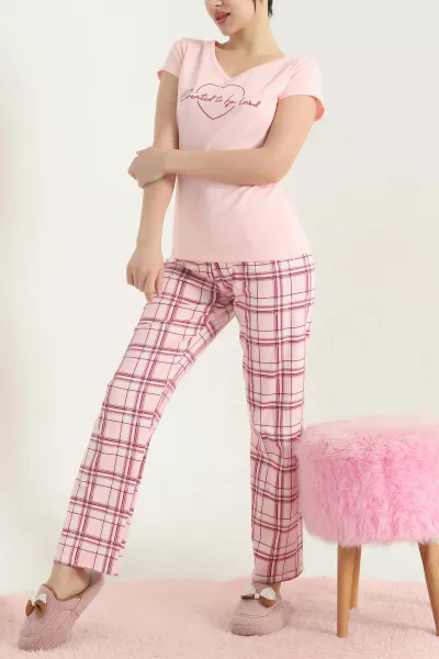 Pudra Desenli Kadın Penye Pijama Takımı 341719