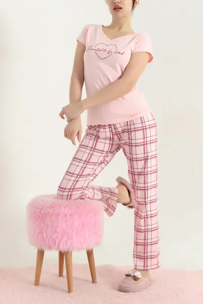 Pudra Desenli Kadın Penye Pijama Takımı 341719