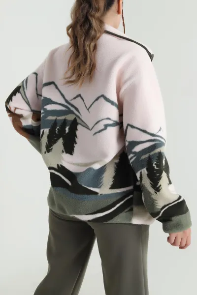 Pudra Desenli Uzun Kollu Teddy Kadın Sweat 482449