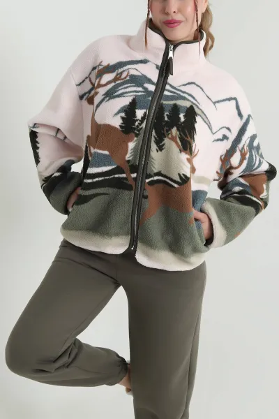 Pudra Desenli Uzun Kollu Teddy Kadın Sweat 482449