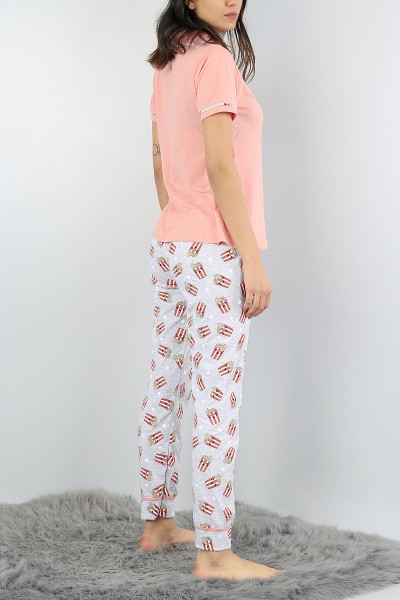 Pudra Düğmeli Baskılı Bayan Pijama Takımı 54997