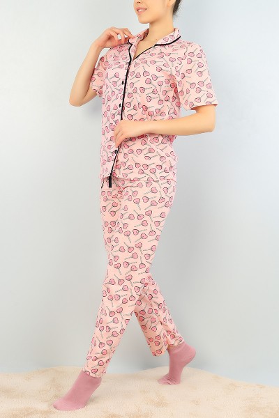 Pudra Düğmeli Bayan  Baskılı Pijama Takımı 64932