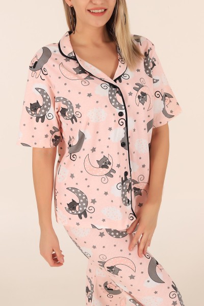 Pudra Düğmeli Desenli Bayan Pijama Takımı 172689