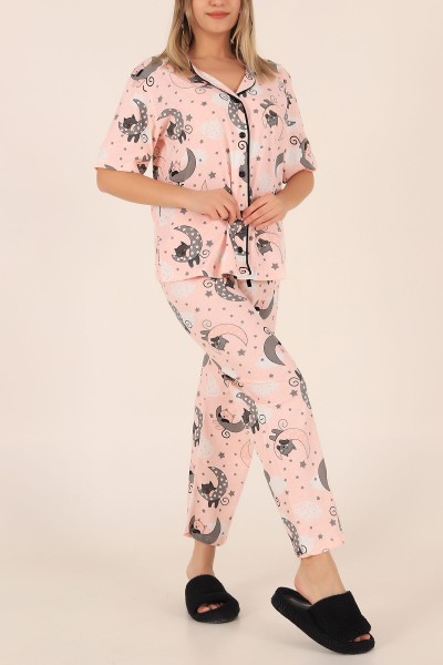 Pudra Düğmeli Desenli Bayan Pijama Takımı 172689