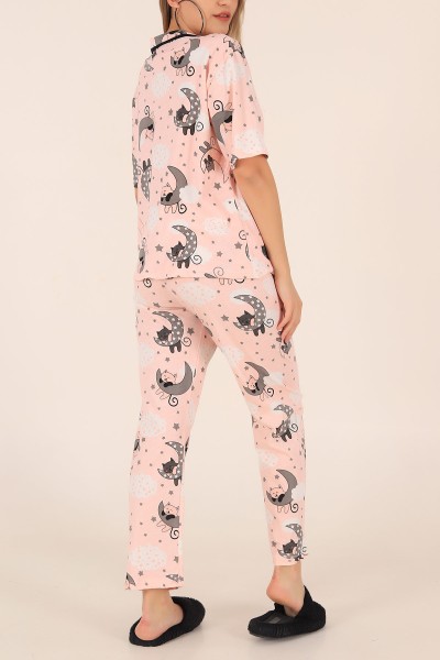 Pudra Düğmeli Desenli Bayan Pijama Takımı 172689