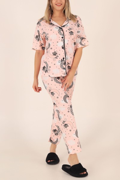 Pudra Düğmeli Desenli Bayan Pijama Takımı 172689