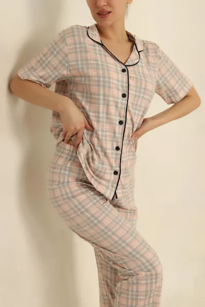 Pudra Düğmeli Desenli Bayan Pijama Takımı 258524